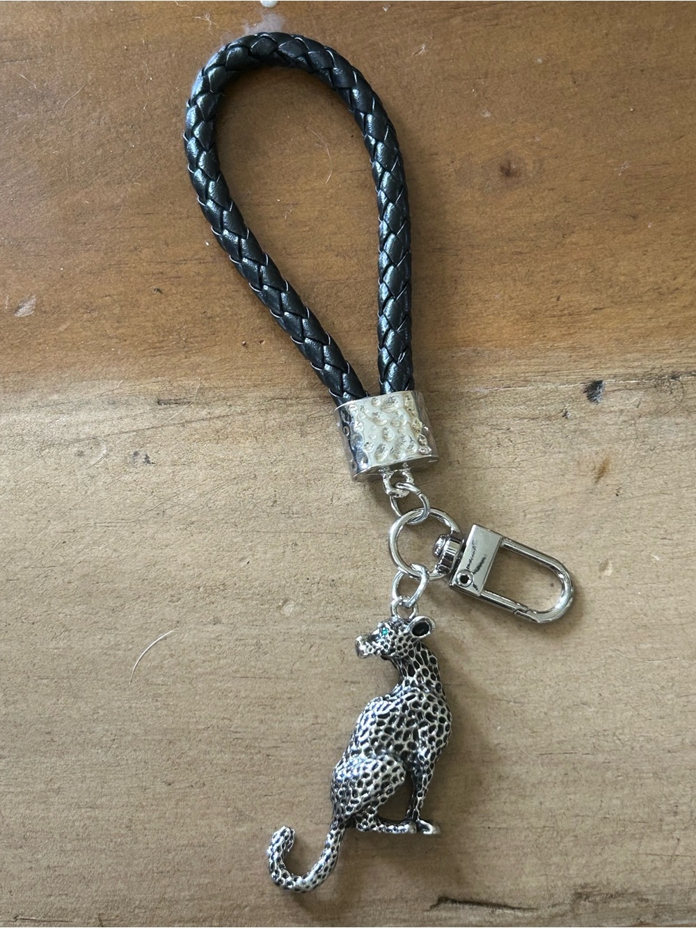 Braided Black Leather Keychain with Silver Leopard Charm